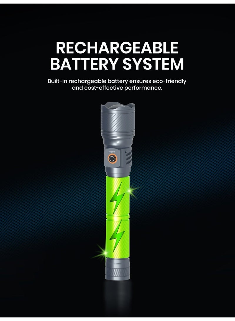 أوجيرا كشاف LED قابل لإعادة الشحن | كشاف تكتيكي فائق السطوع | سطوع عالي | بطارية 2SC قابلة لإعادة الشحن طويلة العمر | صغير ومتين | مقاوم للماء | مثالي للتخييم والمشي وحالات الطوارئ | ضمان سنتين | OG1007SL | فضي - Image 3